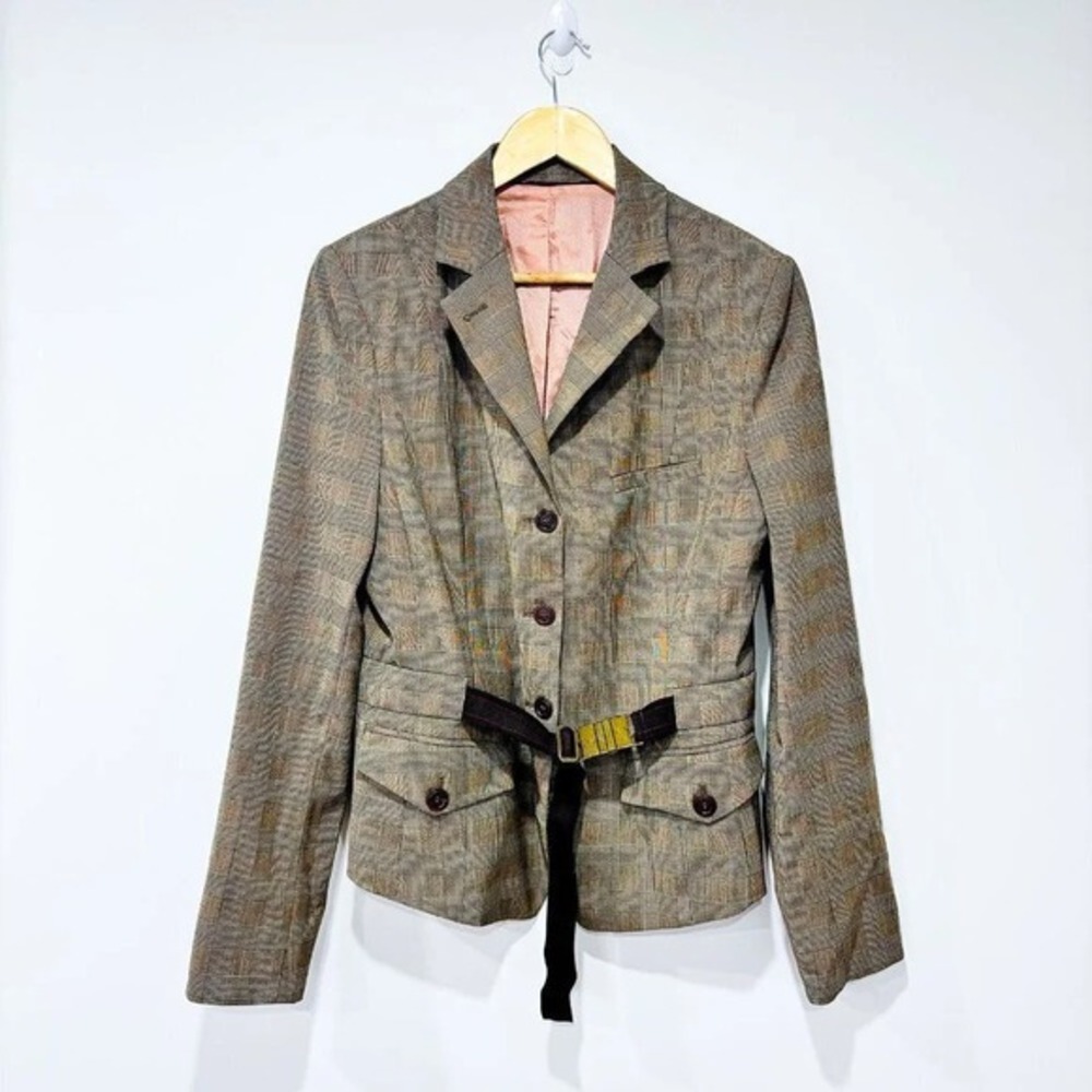 INWEAR Brown Plaid‎ Wool Blend Belted Tailored Blazer Jacket Size 12